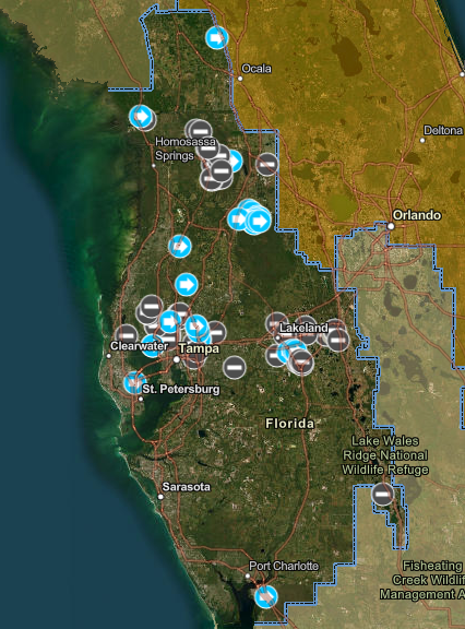 Satellite map of SWFWMD water control structures
