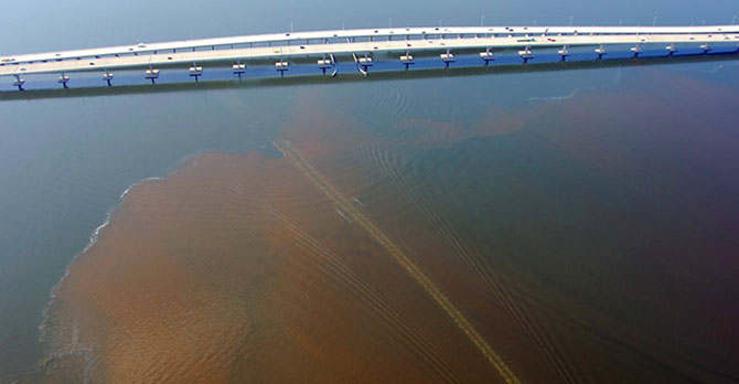 Howard Franklin Bridge over Old Tampa Bay with algae bloom in the bay