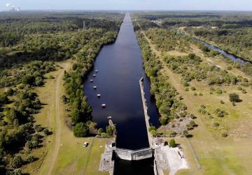 Aerial view of canal and lock