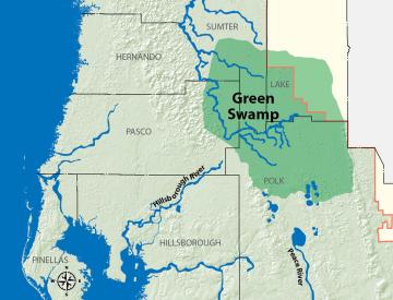Locator map showing Green Swamp in Polk, Pasco, Sumter and Lake Counties