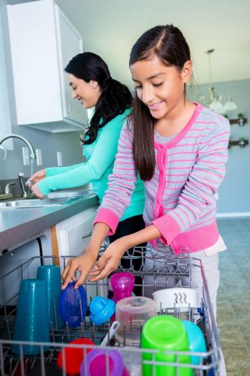 mother and daughter washing dishes