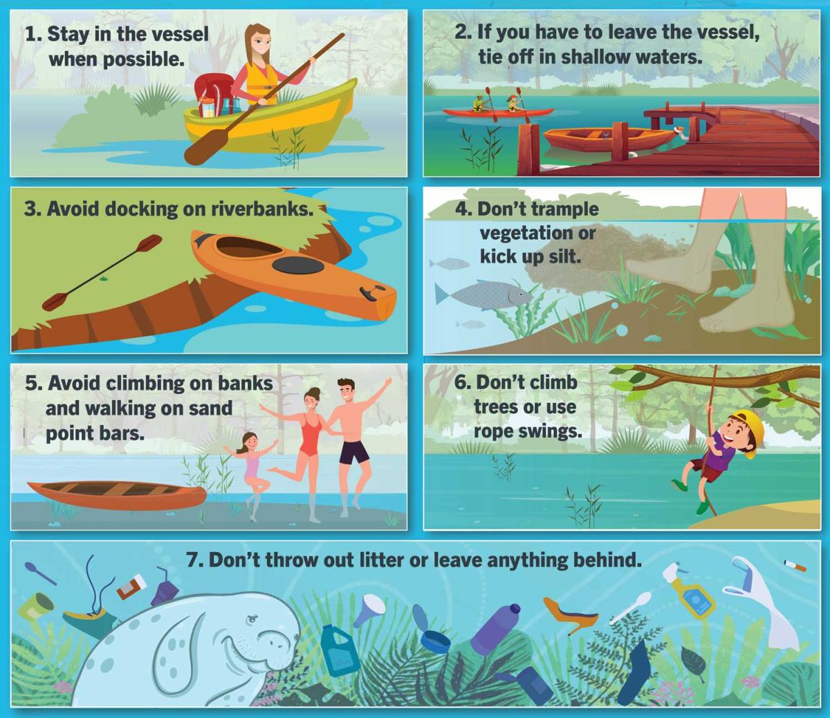 Illustrations of 7 tips to save the Weeki Wachee River