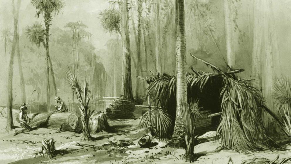 Vintage painting of a Cypress Shingle Yard on the Ocklawaha River