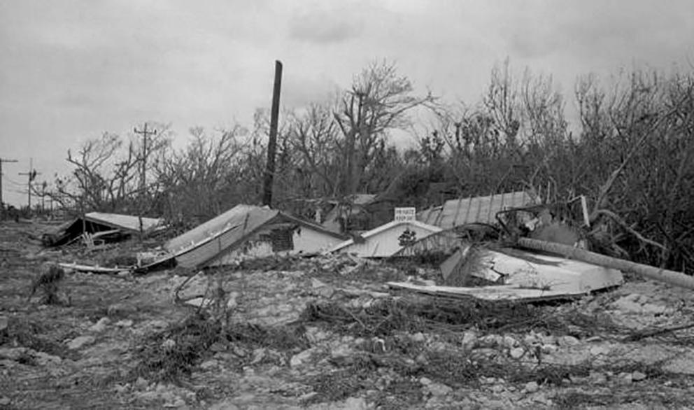 Black and white image of destroyed home