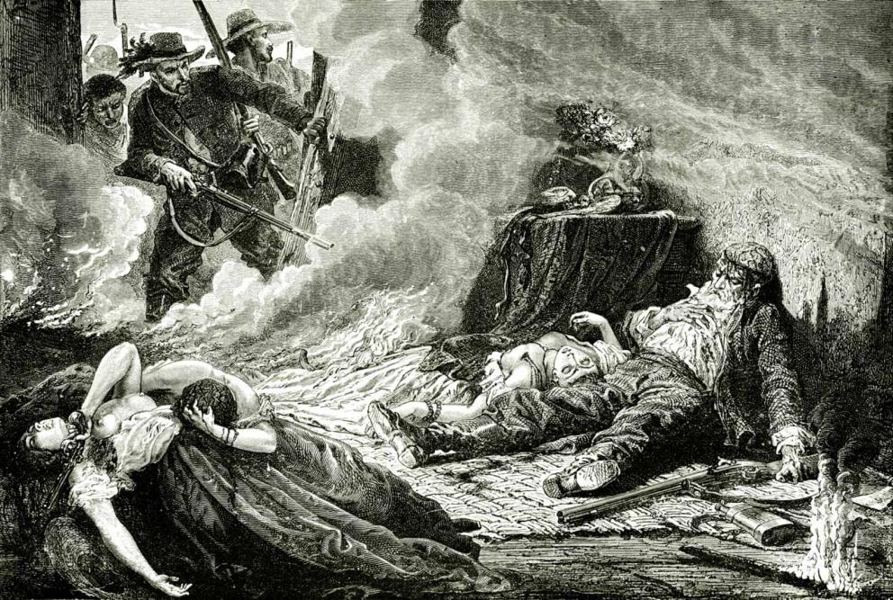 Historical engraving of a highly stylized version of the Seminole Wars
