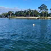 Channel markers in the water with small beach in background