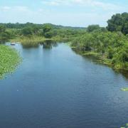 A shallow slow moving river along an open natural area