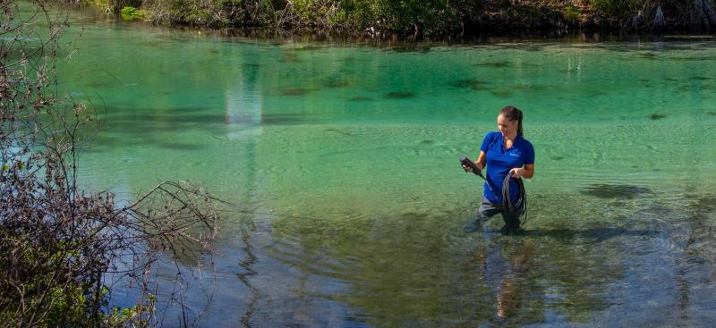 District staff collecting water quality samples in the Weeki Wachee River