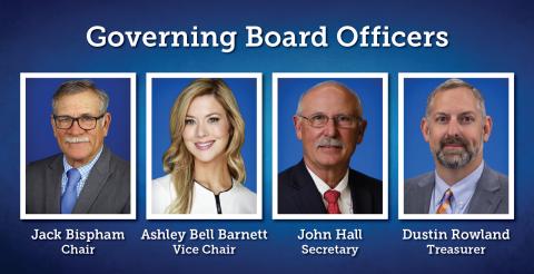 An infographic titled "Governing Board Officers" features portraits of four leaders against a blue background. From left to right, the officers are: Chair Jack Bispham, Vice Chair Ashley Bell Barnett, Secretary John Hall, and Treasurer Dustin Rowland. Each individual's name and title are listed directly beneath their photo.