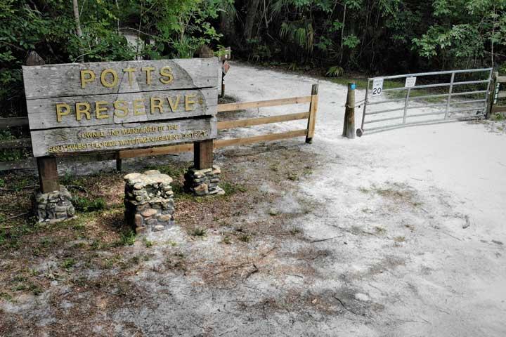 Potts Preserve entrance sign and gate