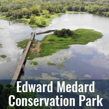 Aerial view of Medard Park with bridge to island