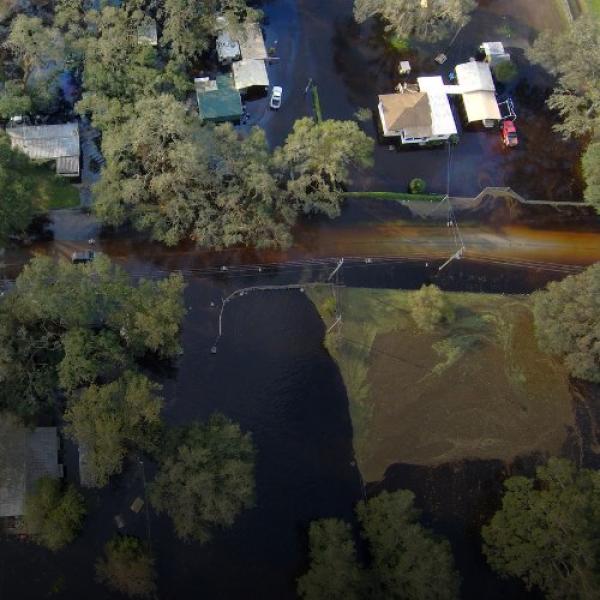 Aerial view of a neighborhood flooded after a hurricane
