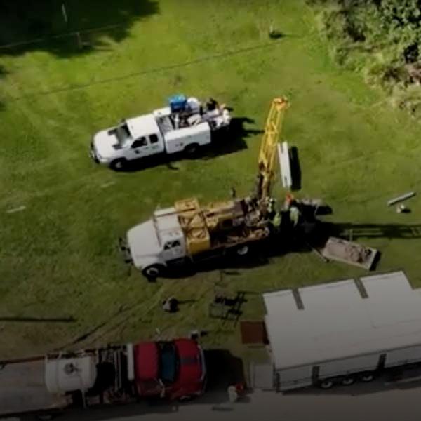 Aerial view of well drilling rig