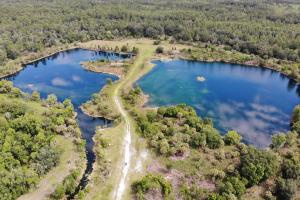 Aerial view forested area surrounding retention ponds
