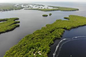 Aerial view of the Little Manatee River emptying into estuary