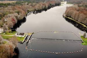 Aerial view of the Wysong Lock Dam