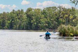 Couple kayaking on open river with shoreline visible