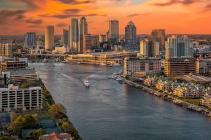 Hillsborough River running through Downtown Tampa as the sun sets